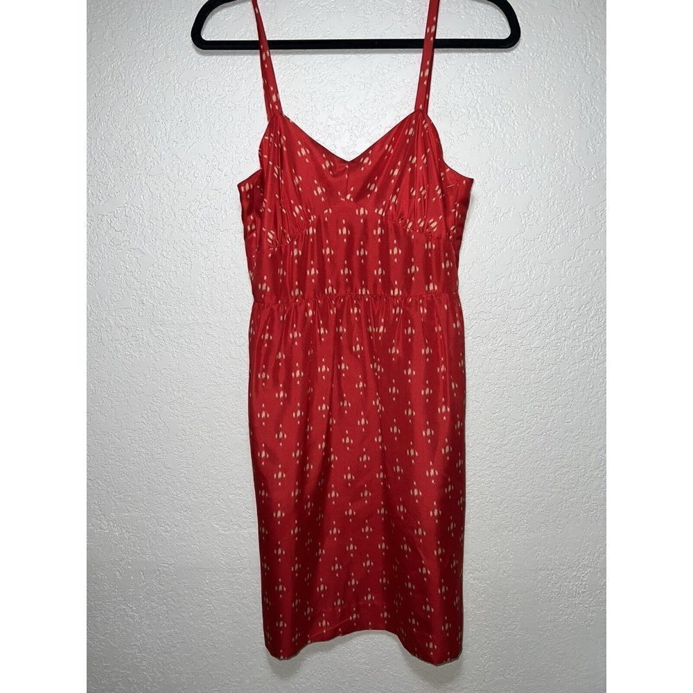J Crew Womens 100% Silk Midi Dress Red Cream Color Pockets Size 6 Lined (M) - Picture 3 of 12